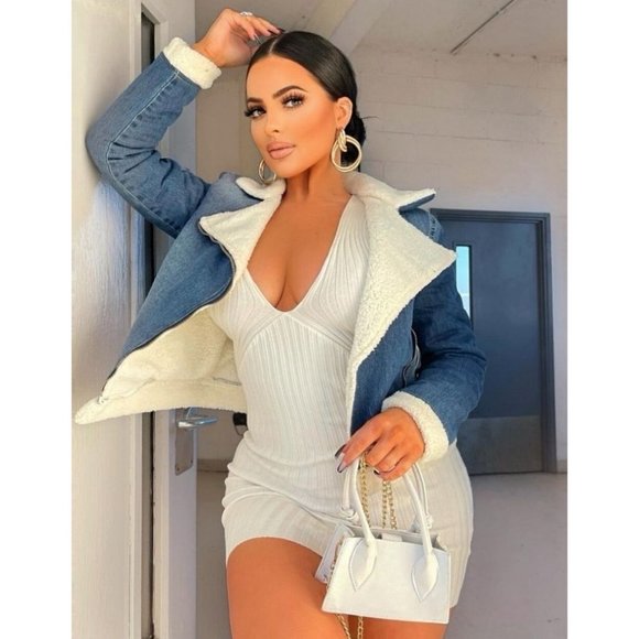 Jackets & Blazers - Denim and Teddy Bear Fur Long Sleeve Biker Jacket